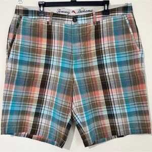 Tommy Bahama Men's 38 Blue Brown Plaid Linen Tencel  Beach Preppy Causal Shorts